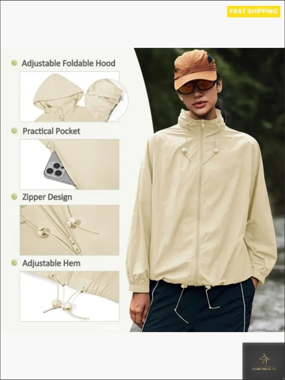 Lightweight Waterproof Rain Jacket Zip Up Hooded Windbreaker for Outdoor Hiking